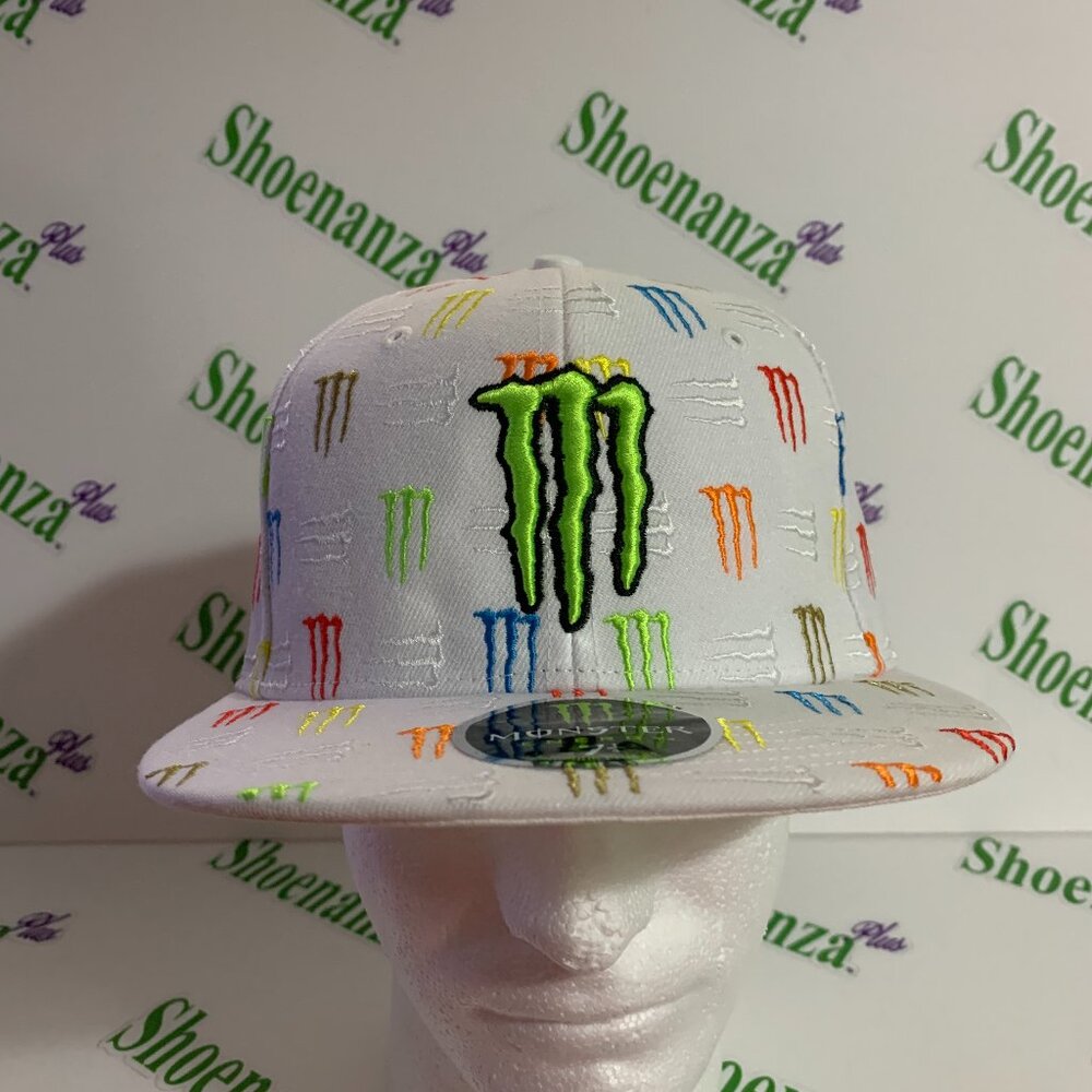 Monster Energy Hat Embroidered Multicolor Logo Flat Brim Fitted Cap White 7 1/4